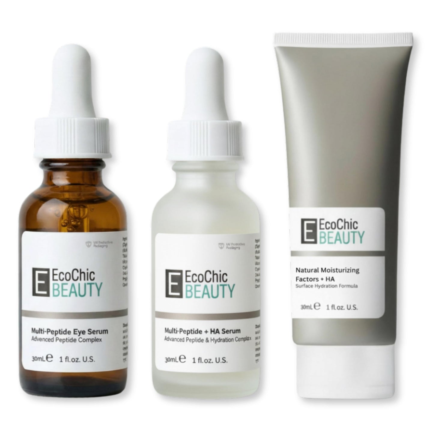 EcoChic Beauty Anti-Aging Set-Multi-Peptide Eye Serum 15ml, Multi-Peptide + Hyaluronic Acid Serum 30ml + Natural Moisturizing Factors 30ml, 3 Piece Skincare Set