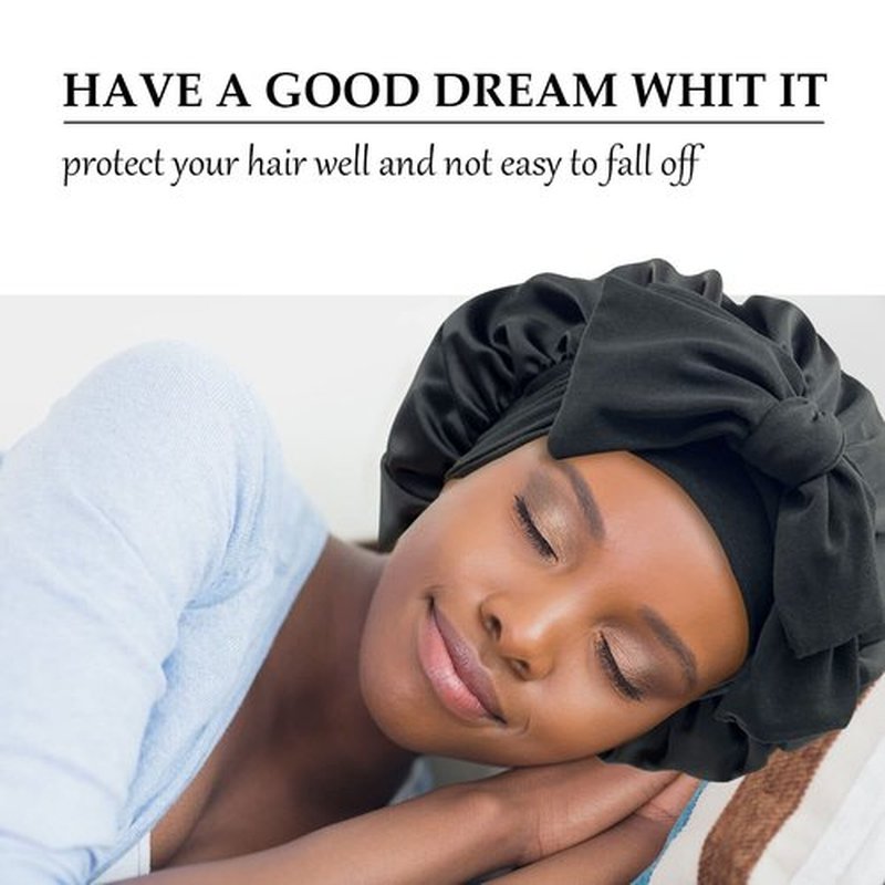 Satin Bonnet Silk Bonnet Hair Bonnet for Sleeping Large Bonnets with Tie Band Hair Wrap with Adjustable Straps Hair Cap Night Sleep Caps for Women Curly Braid Hair Black