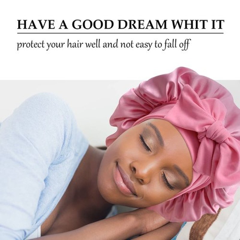 Satin Bonnet Silk Bonnet Hair Bonnet for Sleeping Large Bonnets with Tie Band Hair Wrap with Adjustable Straps Hair Cap Night Sleep Caps for Women Curly Braid Hair(Black,Dark Pink)