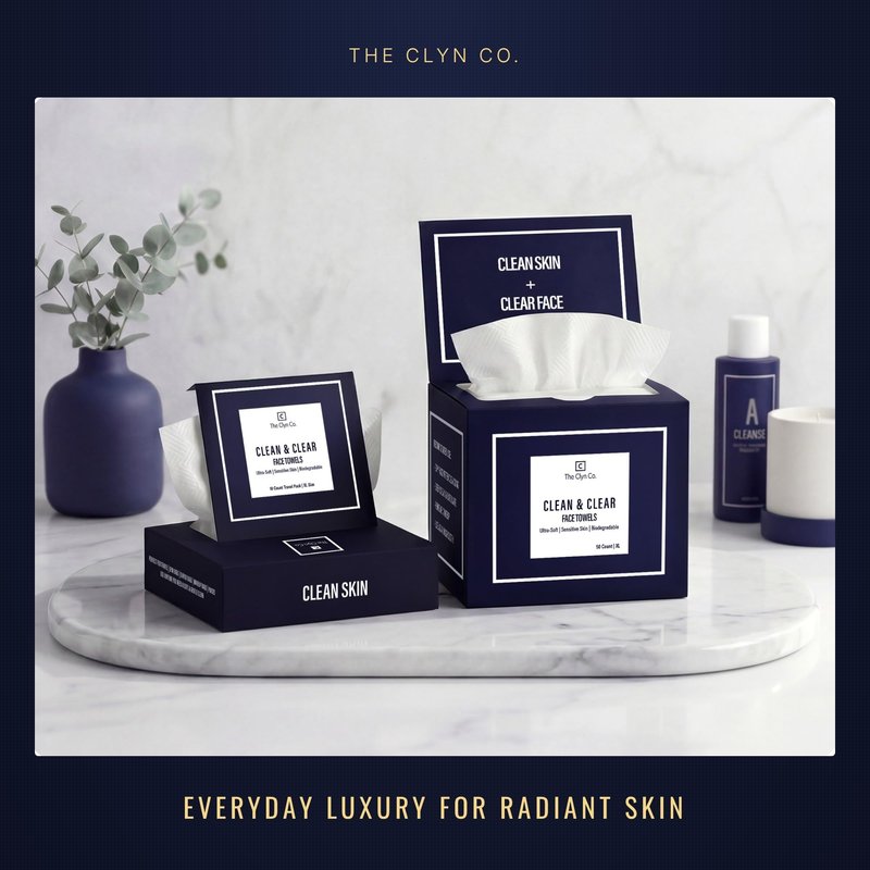 The Clyn Co. Clean & Clear Face Towels, Ultra Soft Disposable Facial Towels, 100% Biobased Viscose Face Wipes for Sensitive Skin, Lint-Free Makeup Remover, Luxury Magnetic-Lid Box, XL 10×12, 50 Count