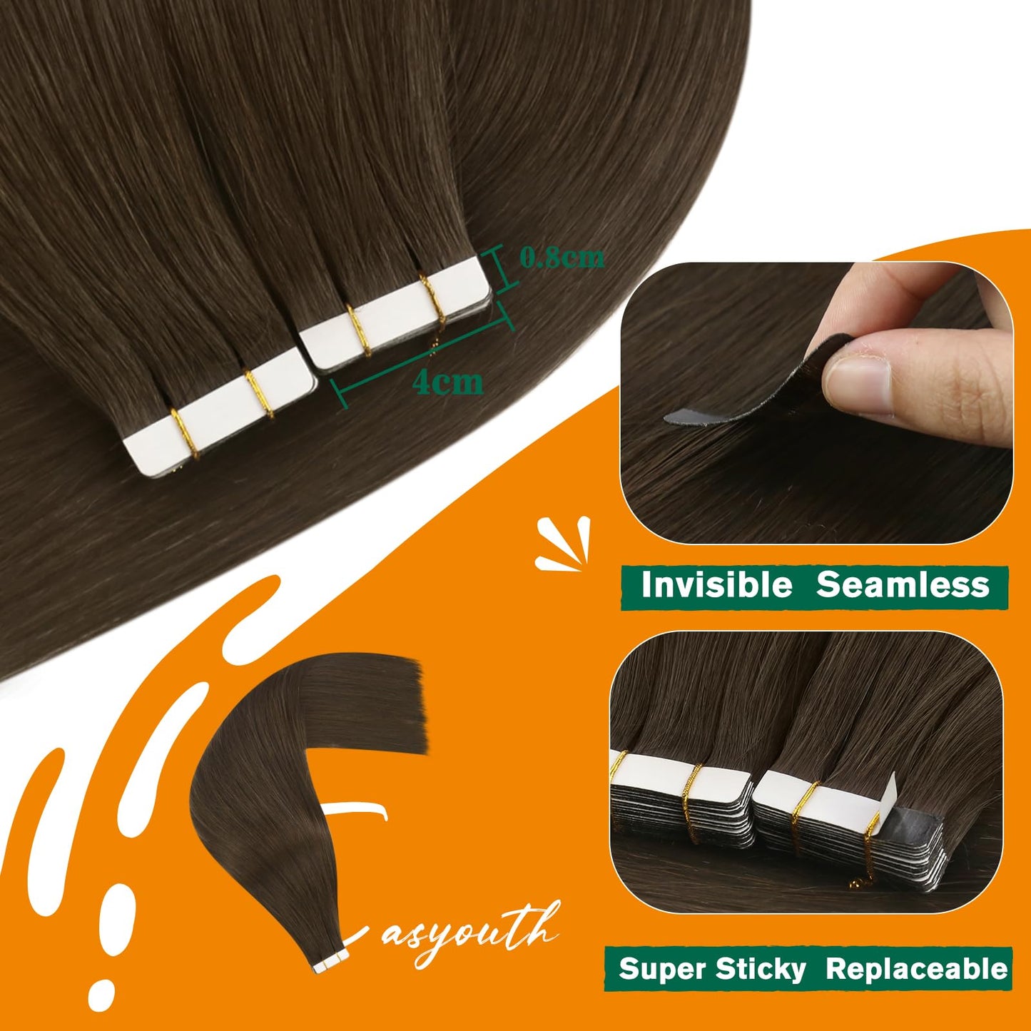 Easyouth Tape in Hair Extensions Human Hair Brown Tape ins Human Hair Extensions Darkest Brown Real Hair Tape in Extensions Human Hair Straight 12 Inch 30g 20pcs #2