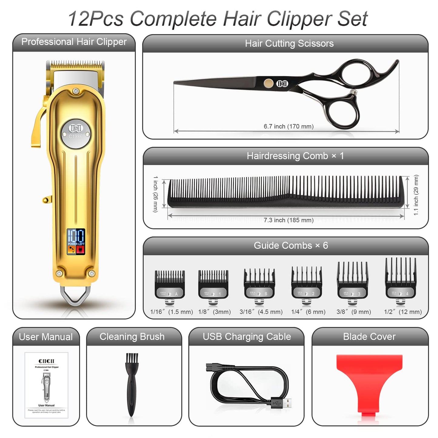 CIICII Hair Cutting Kit with Hair Clippers Set & Hair Cutting Scissors Shears Kit for Home Salon DIY Hairdressing