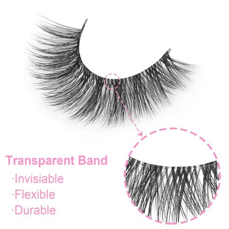 False Eyelashes Natural Look Clear Band Mink Lashes Fluffy 5D Cat Eye Lashes Wispy Faux Mink Strip Lashes Pack by Kiromiro