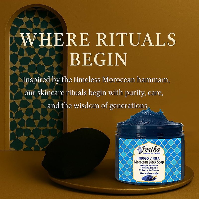 Feriha Moroccan Black Soap, Indigo, Sahara Nila, 100% Natural, Artisan Beldi Soap, Crafted & Packed in Morocco - Traditional Hammam Formula