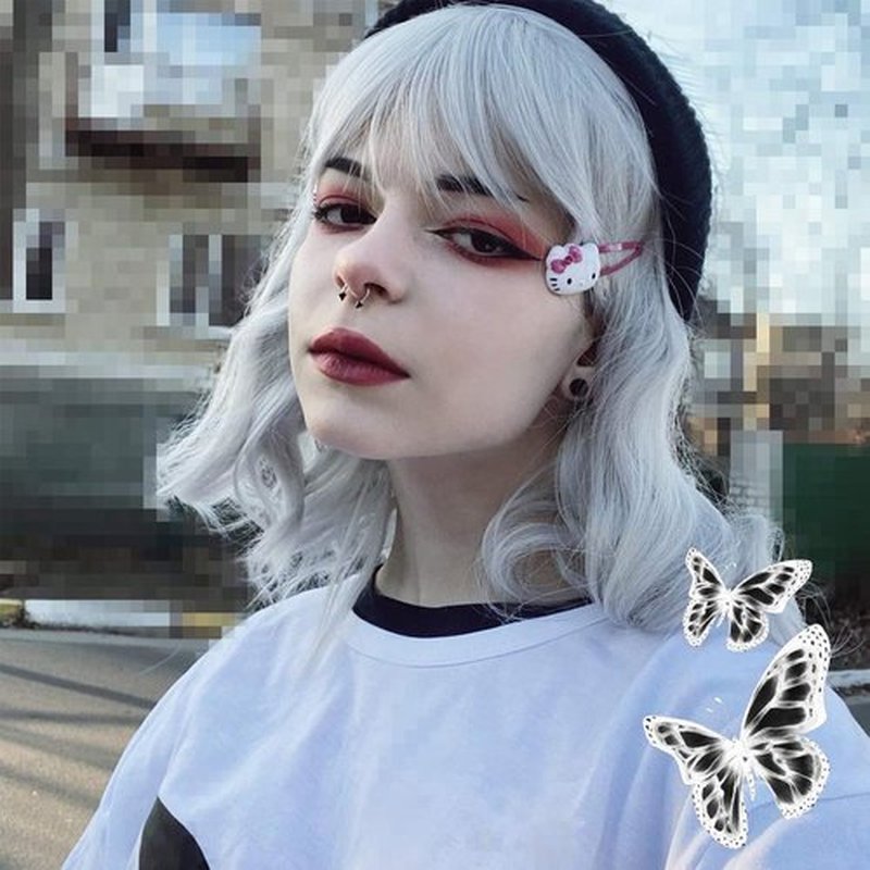 14" Women Short Bob Wig with Bangs Curly Wavy Harajuku Synthetic Cute Daily Halloween Party Cosplay Hair(silver)