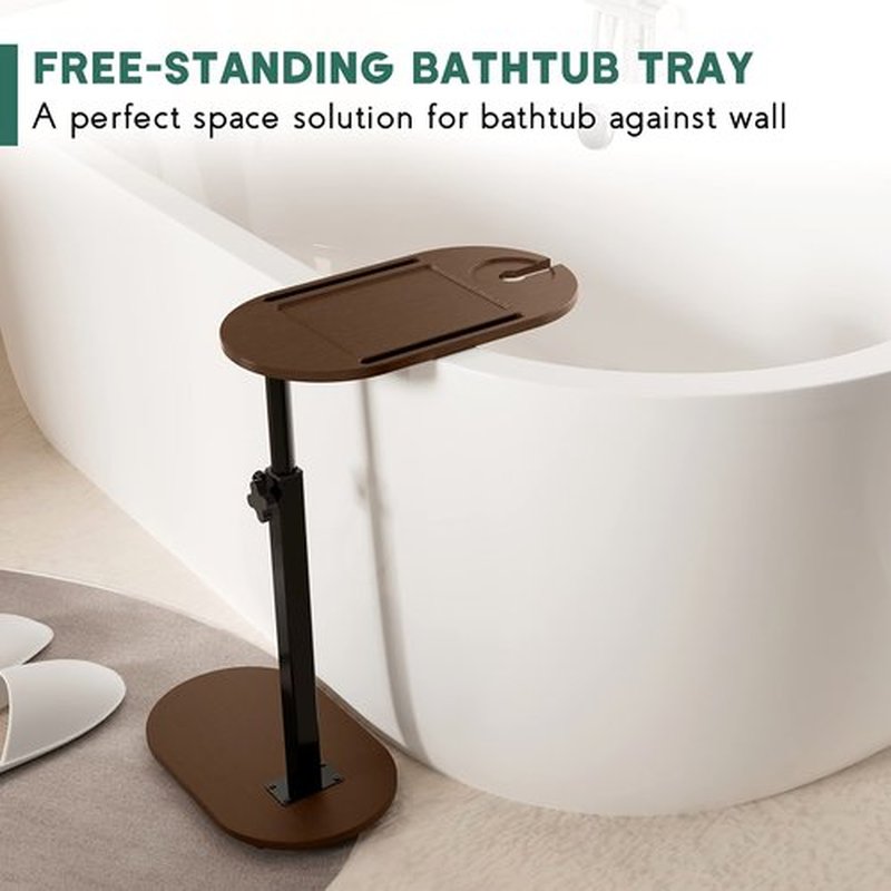 Yumkfoi Bamboo Bathtub Tray Table with Adjustable Height, Freestanding Bath Caddy Side Table for Tub Against Wall, Tub Shelf with Wine Glass Phone Holder, Functional Tray - Patent Protected (Brown)