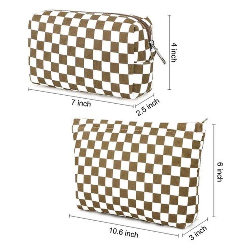 SOIDRAM 2 Pcs Checkered Makeup Bag Large Cosmetic Bag Toiletry Bag Makeup Pouch Travel Bag Organizer Cute Makeup Brushes Aesthetic Accessories Storage Bag for Women Coffee Brown