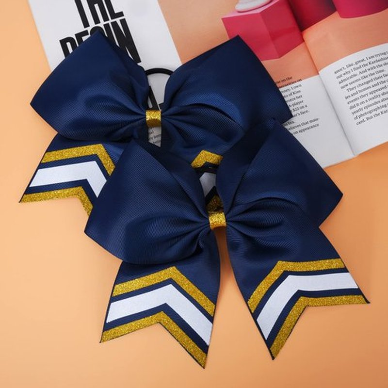 DEEKA 8PCS Large Glitter Cheer Bows Shiny 7" Cheer Hair Bows Ponytail Holder Handmade for Cheerleader Girls Softball Sports -Navy/g Gold
