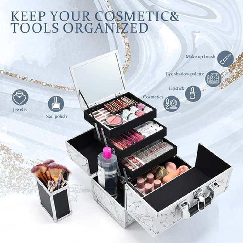 Joligrace 11.6 inch Makeup Box Train Case Cosmetic Organizer with Mirror 3-Tier Tackle Tray Lockable Portable Travel Carrying Make-up Storage Box with Handle - Marble White