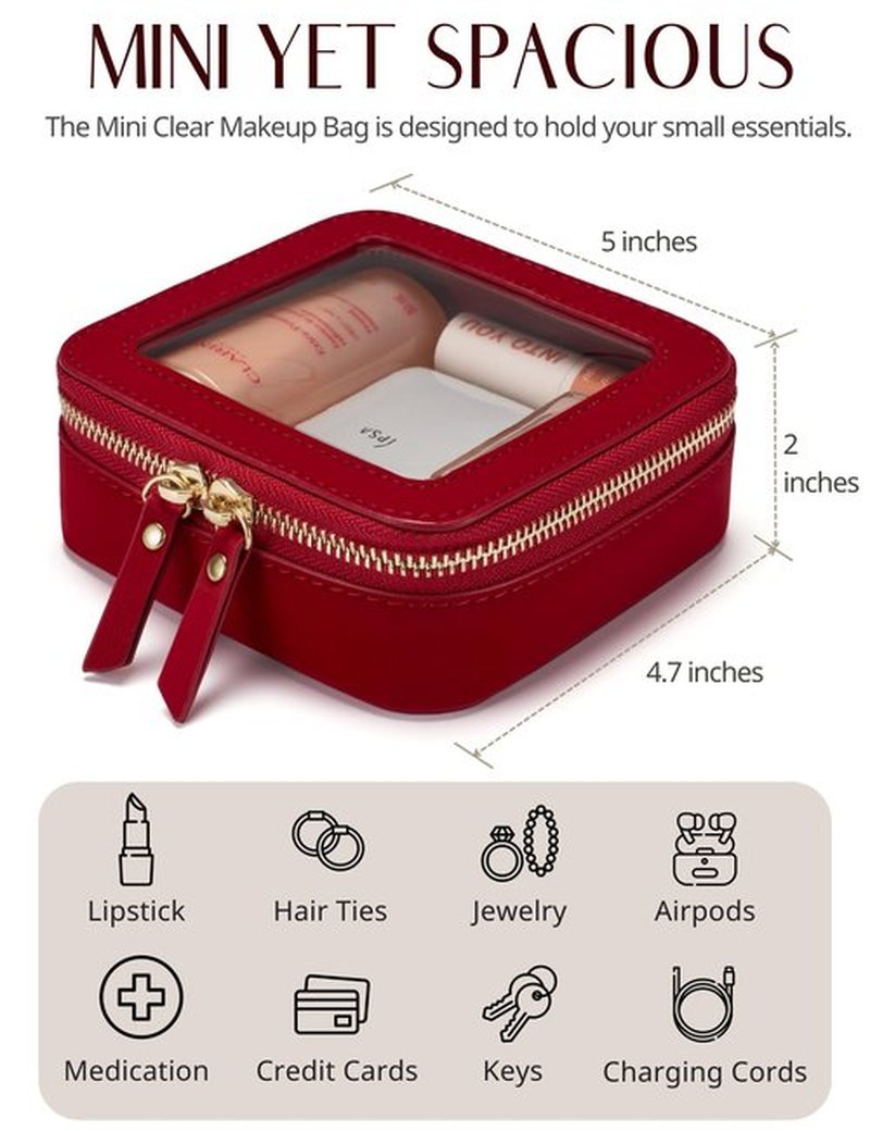 Popvibe Clear Makeup Bag Travel Cosmetic Case Transparent Toiletry Bag with Zipper, Portable Make Up Organizer Traveling Compact Car Bag for Essentials, Red, Mini