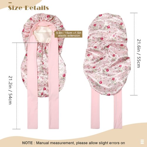 Kids Long Hair Bonnet for Sleeping - Double Layer Girls Elastic Satin Bonnet with Tie Band for Braid Curly Hair (Pink Flower+Beige)
