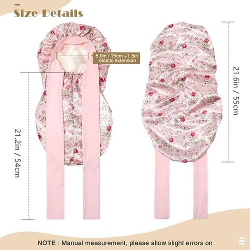 Kids Long Hair Bonnet for Sleeping - Double Layer Girls Elastic Satin Bonnet with Tie Band for Braid Curly Hair (Pink Flower+Beige)