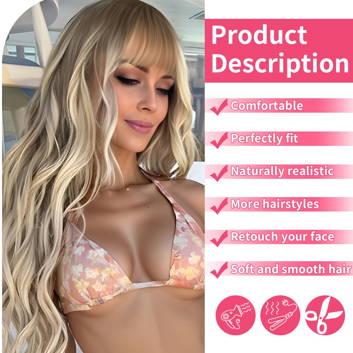 Beaurocks Blonde Wig With Bangs Long Wavy Curly Ombre Wig With Dark Root Wigs For White Women Blonde Wigs With Bangs Synthetic Heat Resistant Wigs for Women Daily Party Use 24inch (Ombre Blonde