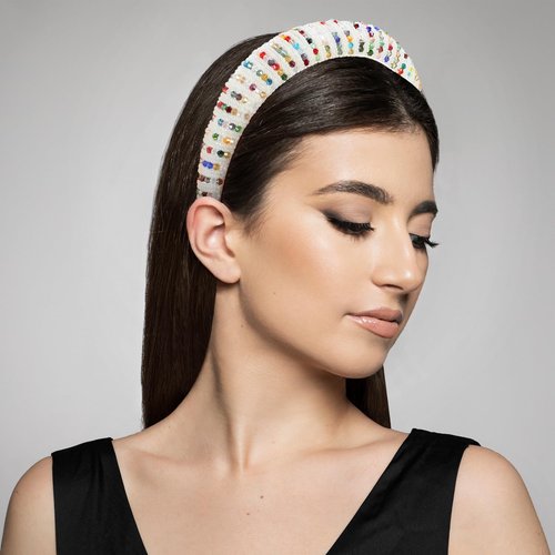 VOCOSTE Rhinestone Headbands, Crystal Embellished Headband, Diamond Bling Headbands, Handmade Pearl White Headband, Thick Padded Headband, Sparkle Hairband, Hair Accessories for Women