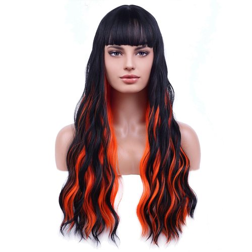 BERON 26 Inches Black Orange Wig Long Curly Wig Mix Orange Wigs with Bangs Long Wavy Synthetic Wig Black Orange Wig for Halloween Party