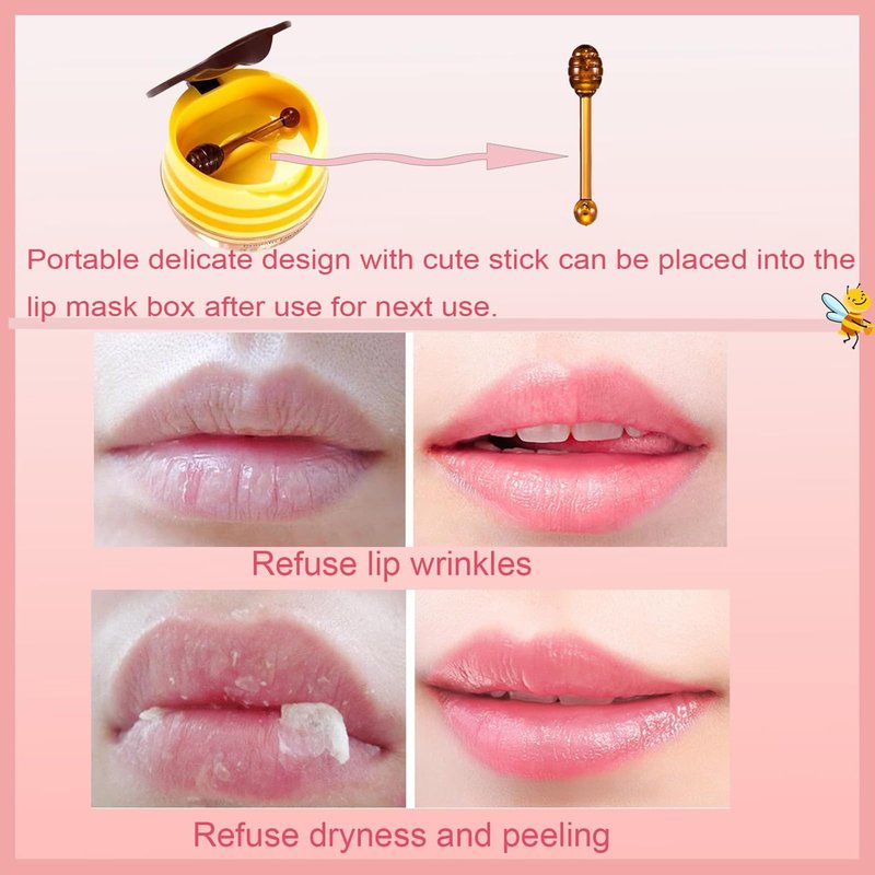 TIRDET 4 PCS Bee Lip Balm Honey Pot, Honey Strawberry Cherry Coconut Sleeping Lip Mask Overnight with Sticks, Exfoliating Prevention Dry and Crack Lip Scrubs
