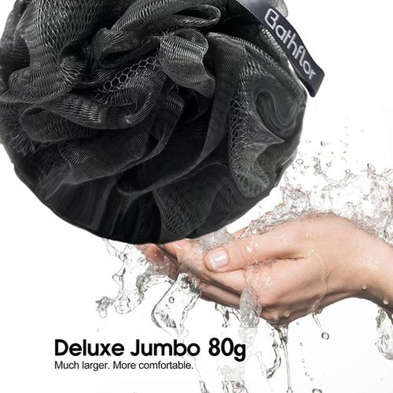 Bathflor Shower Loofah Sponge Exfoliating Body Scrubber 80g, Charcoal Loofa for Women & Men Bath Wash: 1 Long Handle Back Brush Plus 4 Packs Extra Large 80g Soft Mesh Luffa Poufs, 1 Lufa Hook (Gray)