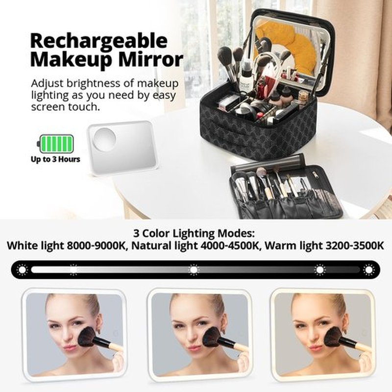 Omobolanle Makeup Bag with Mirror Led Light Detachable Portable Makeup Organizer Travel Cosmetic Train Case with Dividers and 10x Magnifying Mirror Cosmetic Toiletry Bag Black/Grey