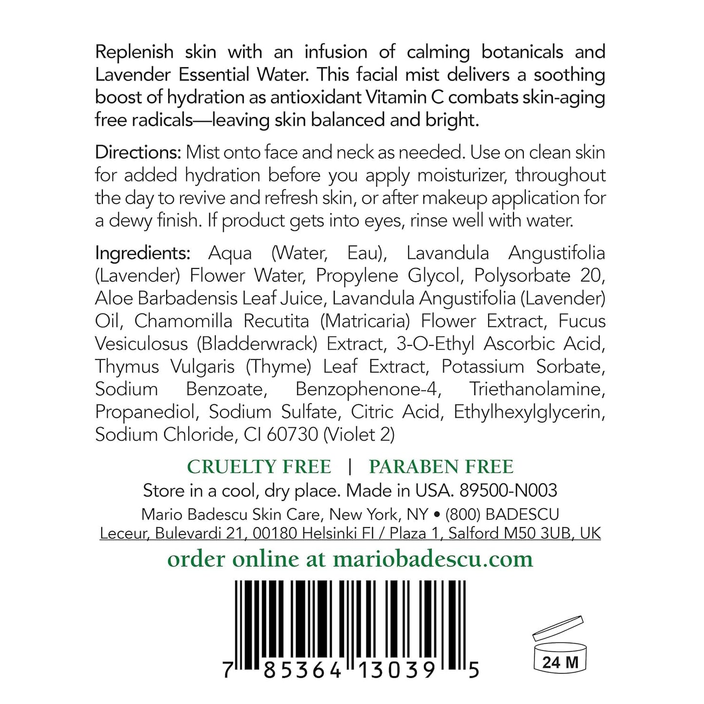 Hydrating Facial Spray with Aloe, Rose Water & Chamomile - Lavender Duo Mist for All Skin Types