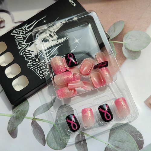 Glitter Pink Press on Nails Short Fake Nails Breast Cancer Awareness Glue on Nails Pink Ribbon False Nails Gradient Pink Stick on Nails Breast Cancer Short Square Acrylic Nails for Women 24Pcs