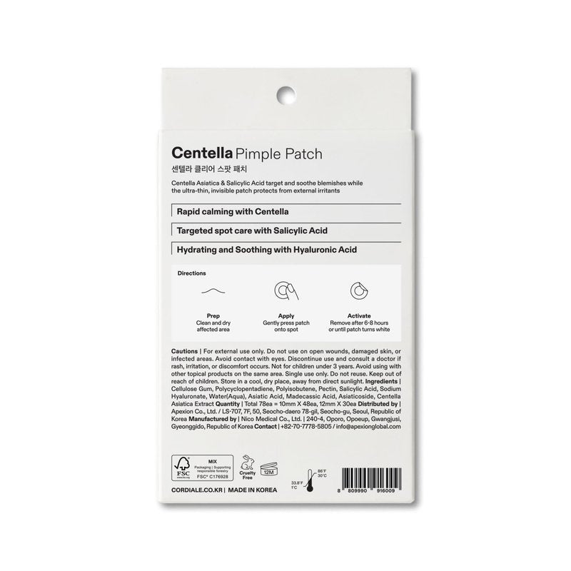 Cordiale Centella Pimple Patches with Salicylic Acid & Hyaluronic Acid, Hydrocolloid Acne Spot Patches for Face & Chin, Invisible Zit/Blemish Stickers, Korean Skin Care (78 Count, 2 Sizes)
