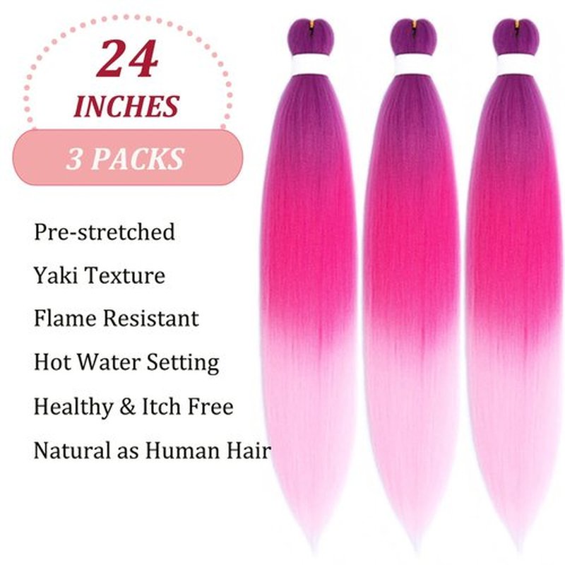 Ombre Braiding Hair Pre Stretched Purple Pink Braiding Hair Ombre Colored Hair Extensions for Braiding Micro Box Braids Knotless Yaki Ombre Kanekalo Prestretched Braiding Hair 24 Inch Folded 3 Packs