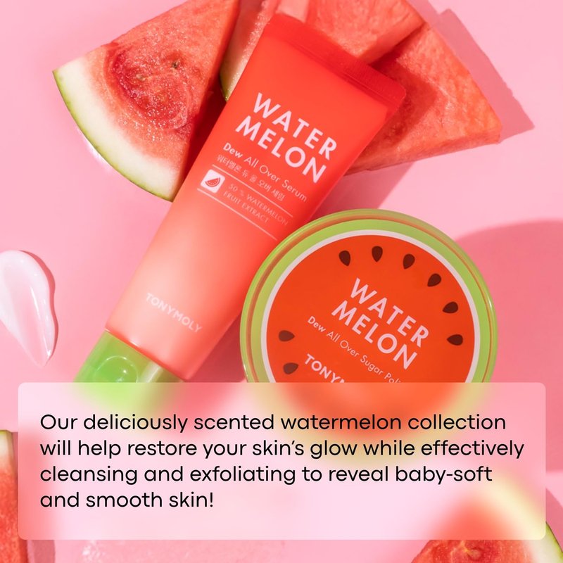 TONYMOLY Watermelon Dew All Over Body Sugar Polish, Hydrating Serum for Glowing Skin, Korean Skincare, Watermelon Extract, Aloe Leaf Extract, & Centella Asiatica, All Skin Types, 10 oz