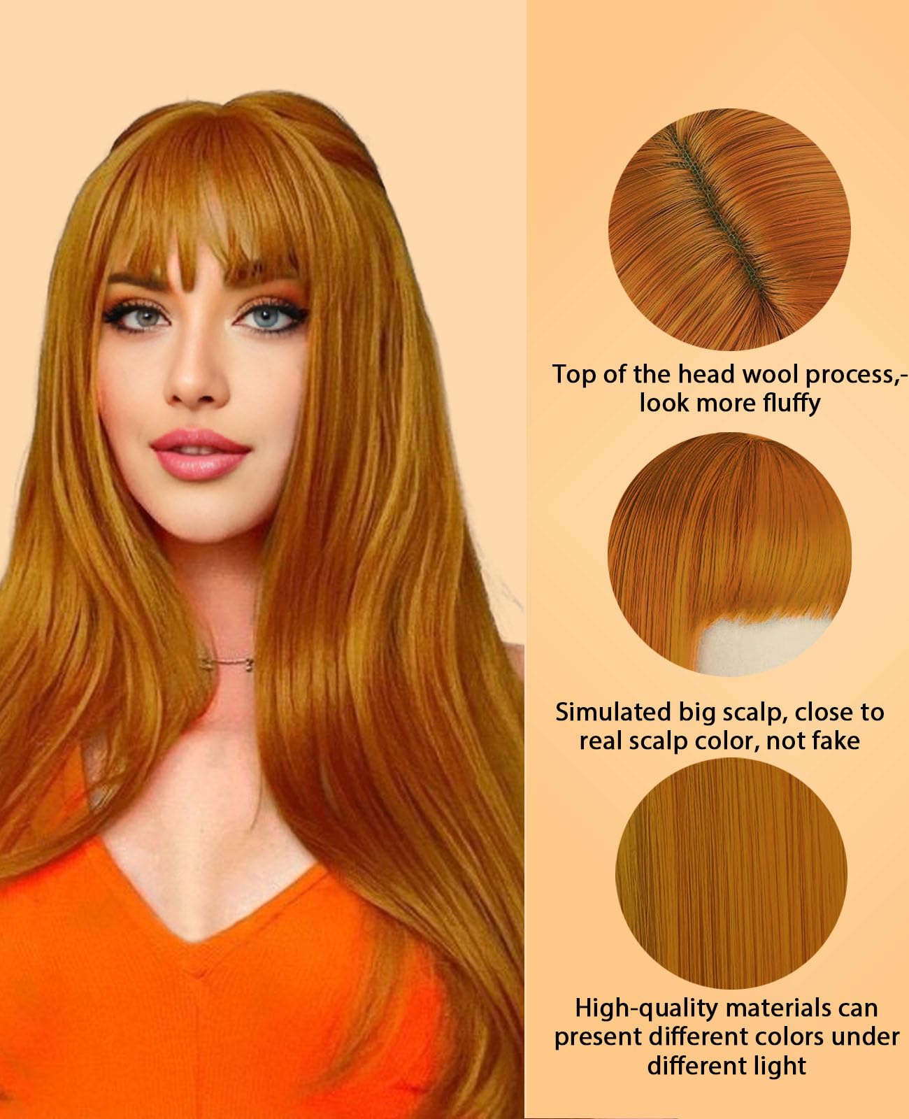 MaxlaceWig Ginger Wig with Bangs for Women, 28 Inch Long Straight Orange Bangs Wigs Natural Looking Synthetic Heat Resistant Fiber Guleless Straight Wig for Daily Party Use Halloween Cosplay Wig