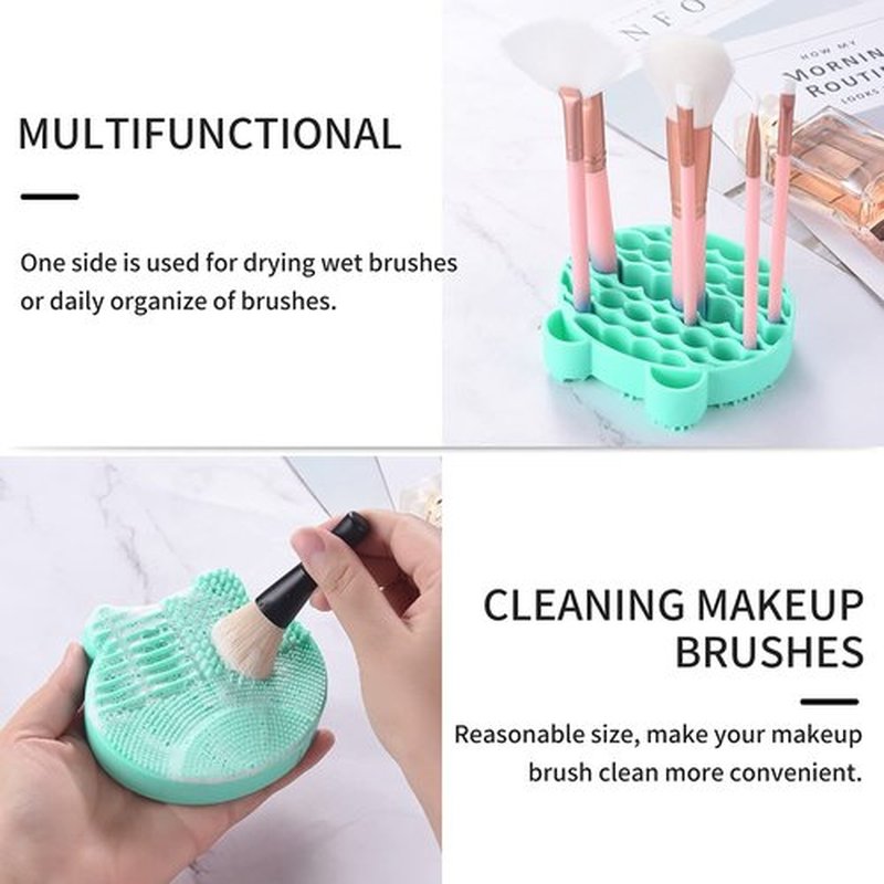 Silicon Makeup Brush Cleaner Mat with Brush Drying manual Make up brush cleaner cleanser machine Cosmetic Brush Cleaning Pad+Makeup Brush Dry Cleaned Quick Color Removal Sponge Scrubber Tool(Green)