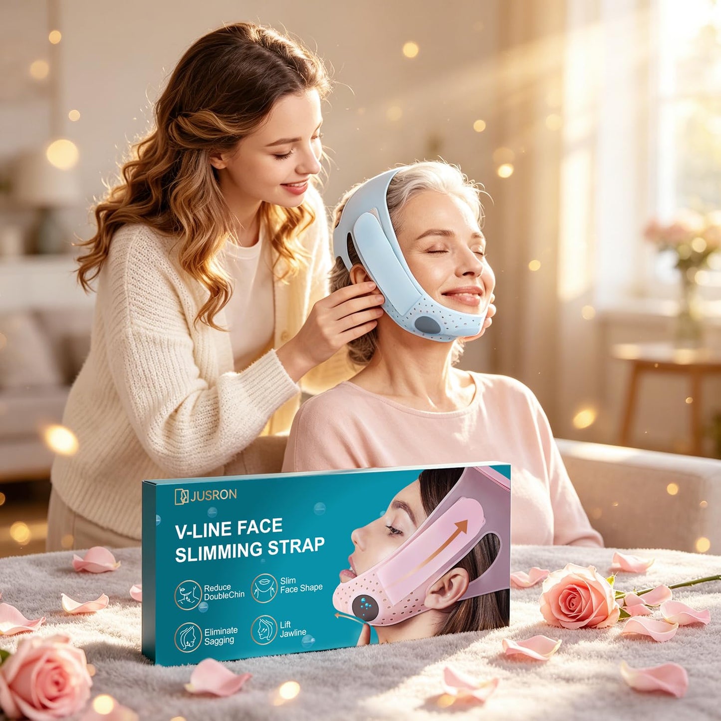 JUSRON V-Line Mask Chin Up Mask Face Strap, Soft Silicone Chin Strap V Shaped Face Mask, Jaw Exerciser 23-27 Inches (Light Blue)