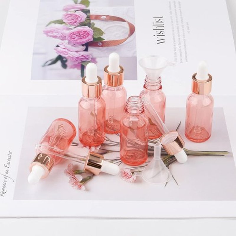 Kesell 7 Pack 20ml Pink Dropper Bottles, Empty Refillable Glass Sample Vials Essential Oils DIY Perfume Travel Container, With Rose-Gold Cap And 3 Funnels