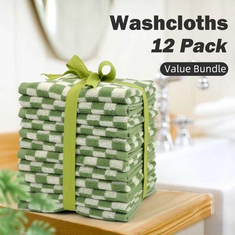 Wash Cloths Super Soft (Green Checkered), Wash Clothes 12 Pack Cotton Face Cloths for Washing Face Showering 13x13 Inches, Chrsitmas Gifts