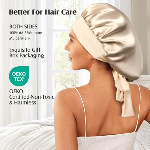 YFONG 100% 22 Momme Mulberry Silk Bonnet for Sleeping Women - Larger Double Layer Silk Hair Wrap – Non-Slip Silk Turban - Hair Silk Bonnet for Sleeping Women - Silk Cap for Sleeping, Champagne
