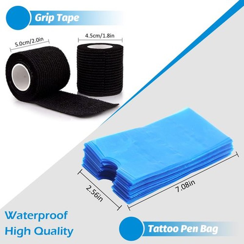 200PCS Pen Covers with 12PCS Grip Tape - Combofix Machine Wrap Cover Blue Pen Bags Pen Sleeves Machine Sleeves with Black Grip Wrap Self-Adherent Tape Plastic Covers