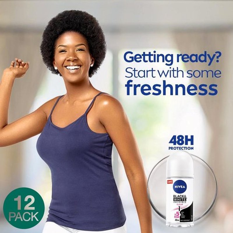 NIVEA 50ml Invisible Black And White Clear Roll On Anti Perspirant Deodorant, Pack of 6