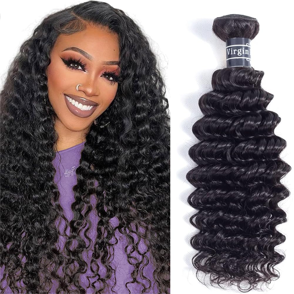 Amella Hair Brazilian Deep Wave Hair Bundles 22Inch 100% Unprocessed 1 Bundle Deep Wave Hair Weave Bundles Deep Curly Human Hair Bundles Natural Color