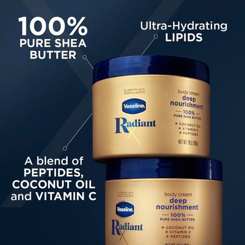 Vaseline Radiant X Deep Nourishment Body Cream 100% Pure Shea Butter, Coconut Oil, Vitamin C, & Peptides 10 oz & Radiant X Replenishing and Hydrating Body Oil with 1% Lipids, Jojoba Oil, Coconut Oil