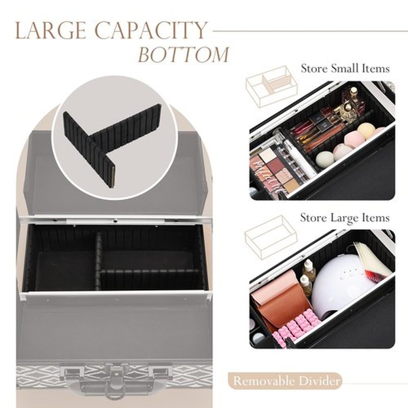 Joligrace Makeup Train Case Organizer Box Professional Multi-Purpose Cosmetic Storage with Sliding Trays, Polish Slots & Mirror, Portable Lockable with Keys, Geometric