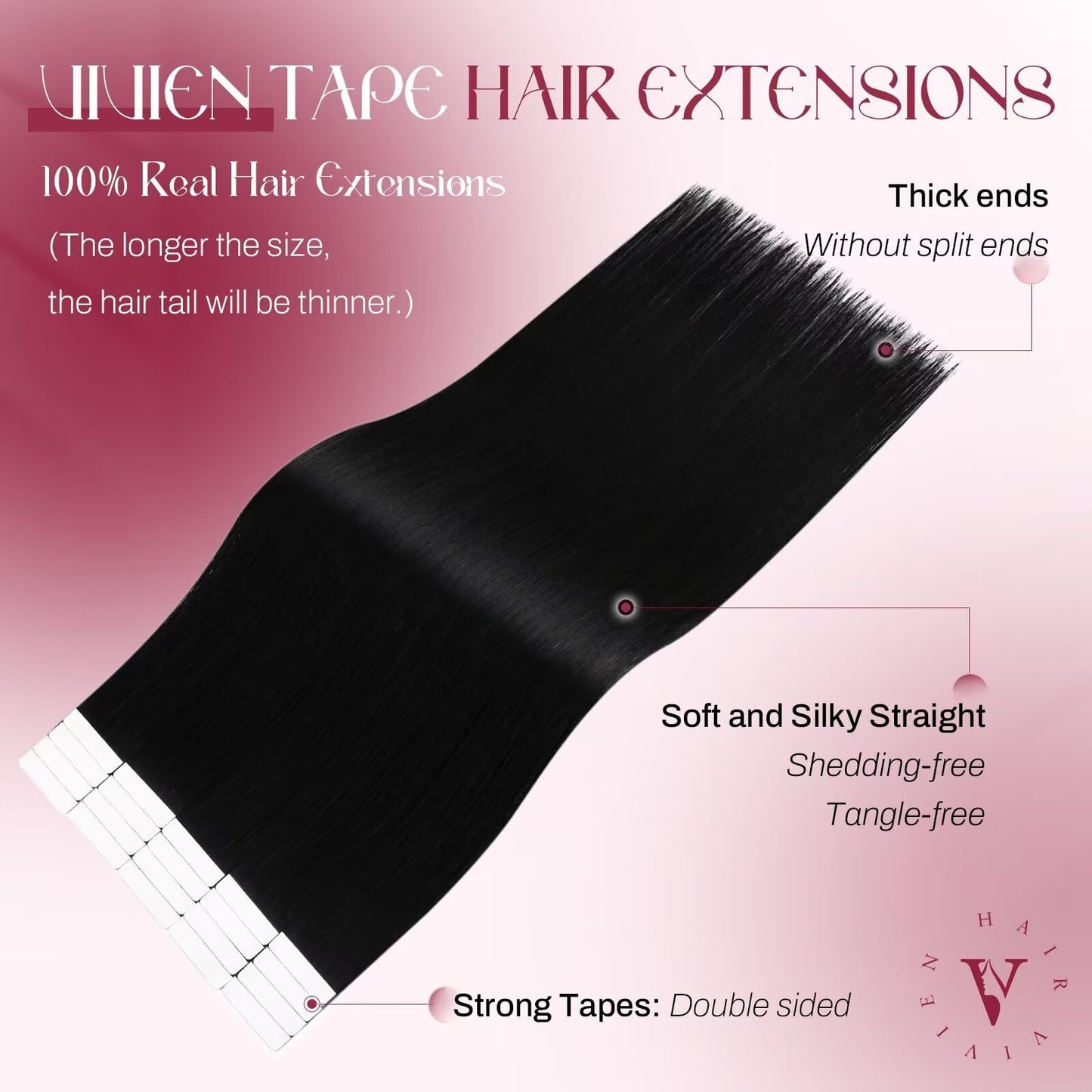 Vivien Black Tape in Hair Extensions Human Hair Jet Black Human Hair Extensions Tape in 12 Inch Remy Fashion Hair Tape in Human Hair Extensions Straight 20pcs 30G
