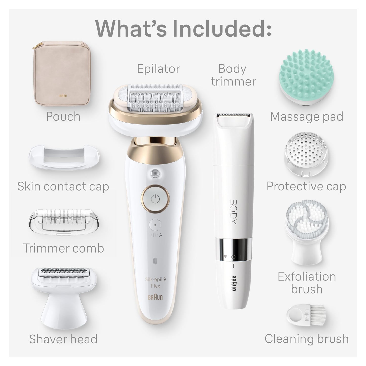 Braun Epilator Silk-épil 9 Flex SkinSpa, Hair Removal Device, 360 Flex and Pivoting Head, Wet and Dry, Includes Shaver Head, Trimmer Comb, Massage Pad, Exfoliation Brush and BodyTrimmer, SES9-481 3D