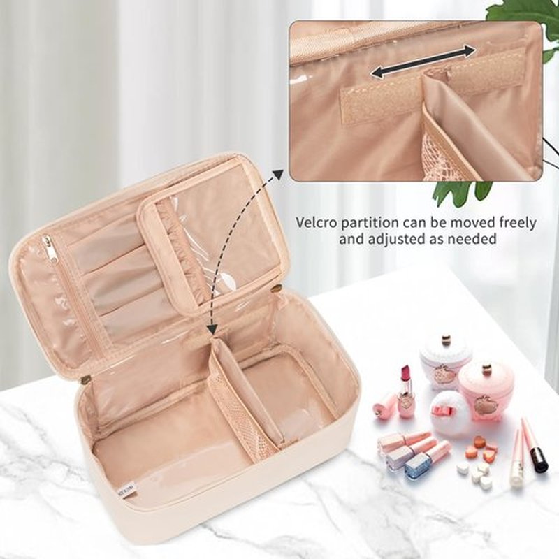 OCHEAL Makeup Bag, Travel Makeup Bag Waterproof Cosmetics Organizer Make Up Bag Case,Toiletry Bag for Women,Large Capacity for Girls Daily Use Dorm Room Storage with Dividers -Beige