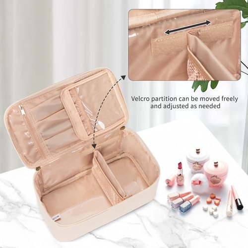 OCHEAL Makeup Bag, Travel Makeup Bag Waterproof Cosmetics Organizer Make Up Bag Case,Toiletry Bag for Women,Large Capacity for Girls Daily Use Dorm Room Storage with Dividers -Beige