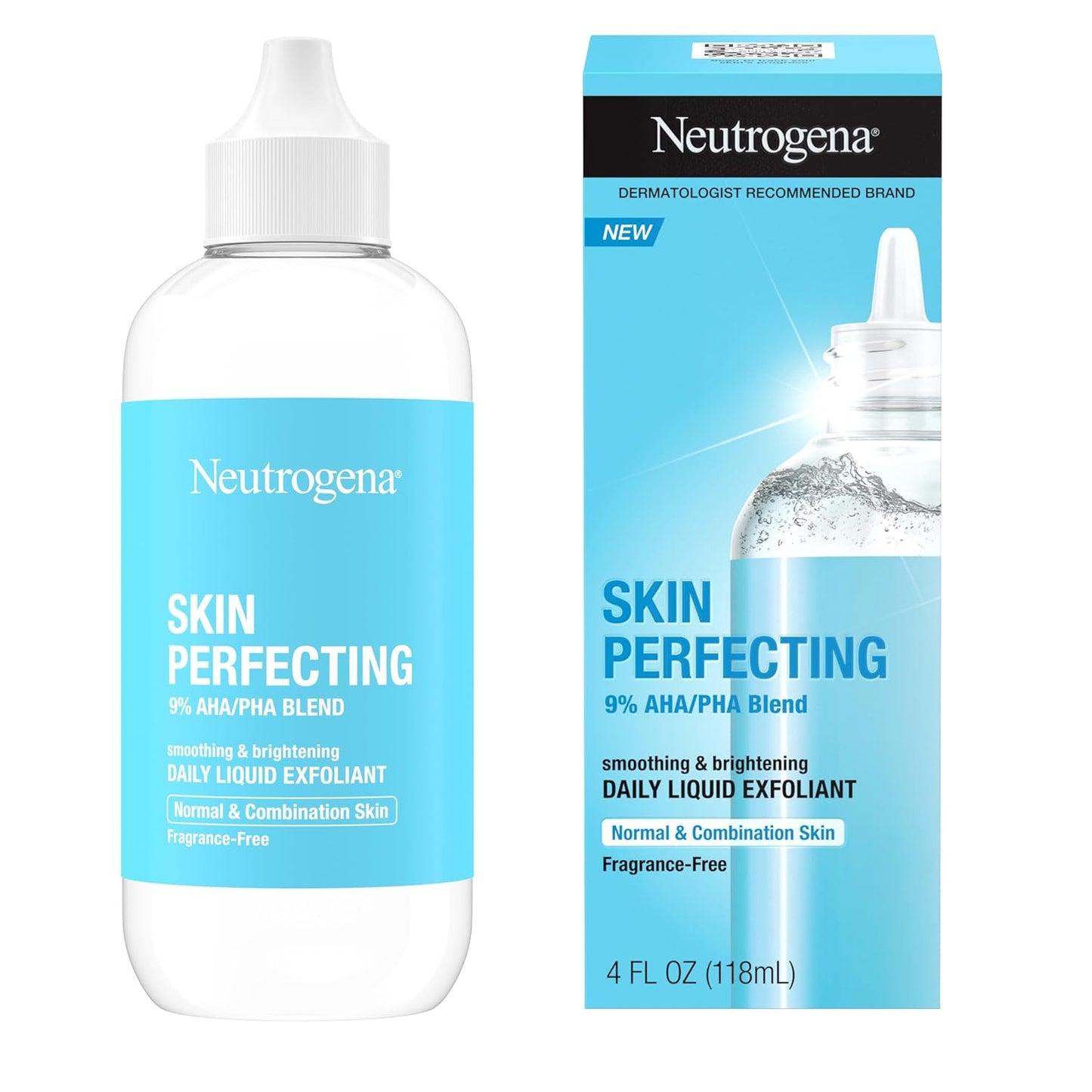 Neutrogena Skin Perfecting Daily Liquid Facial Exfoliant with 9% AHA/PHA Blend for Normal & Combination Skin, Smoothing & Brightening Leave-On Exfoliator, Oil- & Fragrance-Free, 4 fl. oz