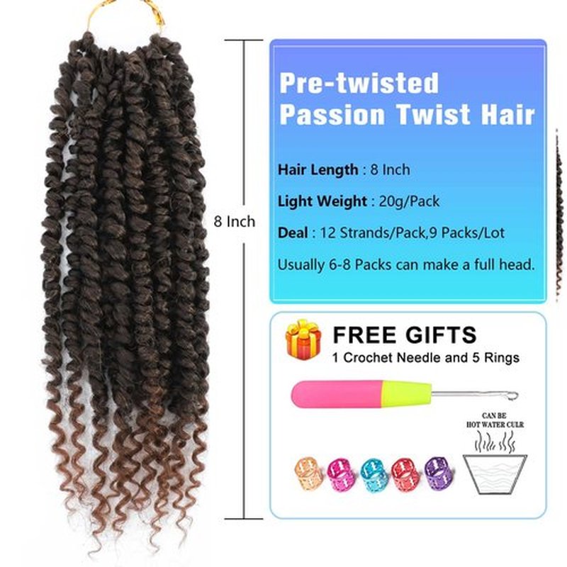 Pre-Twisted passion twist hair, 8 Inch 9 Packs Pretwisted Passion Twist Crochet Hair,Soft Curly Ombre Brown Pre Looped Crochet Hair For Women Short Crochet Braids(8",T1B/30#)