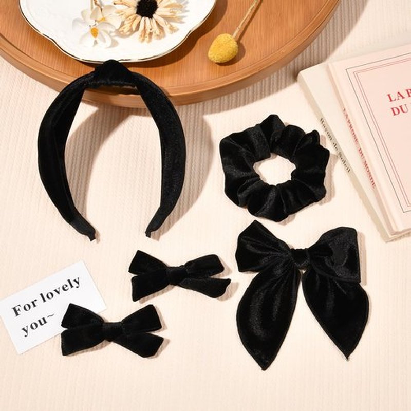 DEEKA Velvet Hair Bows & Knotted Headband & Scrunchy Fable Hair Bow Headband Set Velvet Scrunchies Alligator Clips for Toddler Girls Hair Accessories for Women and Girls (Black)