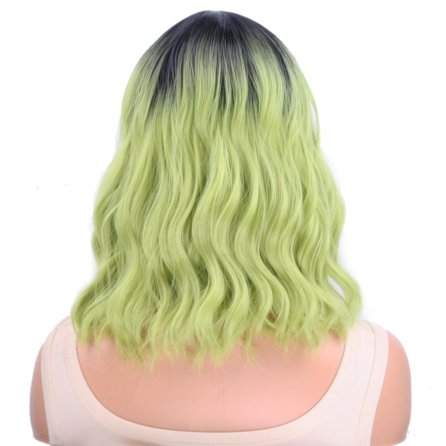 BERON 14 Inches Green Wig with Dark Roots Short Curly Wig Ombre Green Wigs with Bangs for Women Girls