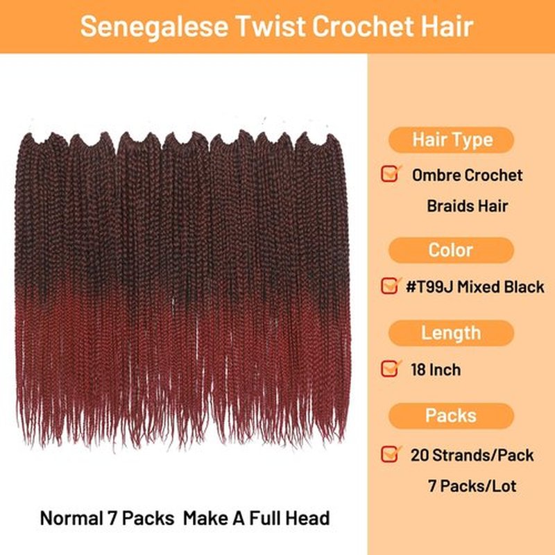Supernova Hair Senegalese Twist Crochet Hair Ombre Crochet Box Braids Pre Looped 7 Packs Small Crochet Box Braids for Black Women Lightweight Crochet Braids Box Braids Hair Extension (18 Inch #T99J)