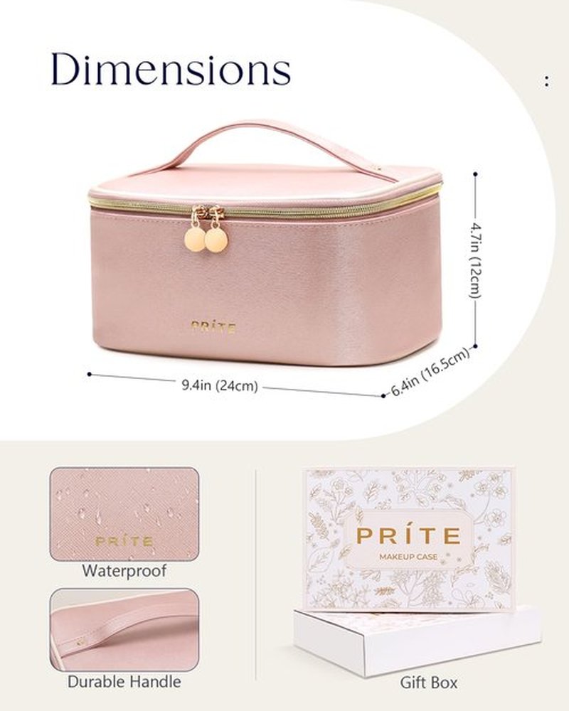 Prite Makeup Bag, Large Capacity Portable Travel Cosmetic Bag, Waterproof Makeup Organizer for Women with Handle and Divider(Pearl Pink)