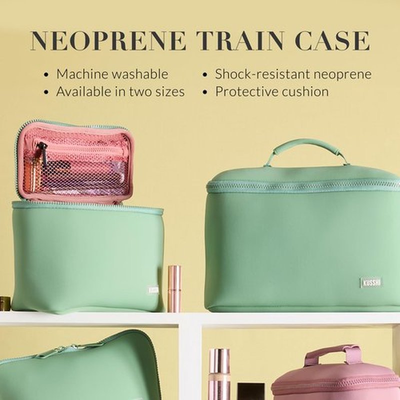 KUSSHI Neoprene Train Case Makeup Bag - Washable Makeup Travel Bag & Vanity Case for Stress Free Travel (Small, Mauve/Stone)