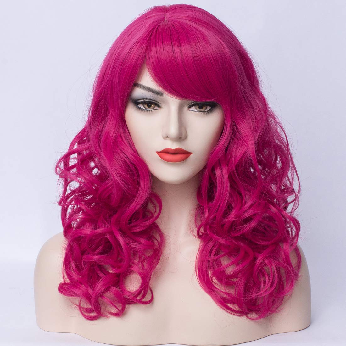 PATTNIUM Hot Pink Wig Women Shoulder Length Curly Wig Dark Pink Wig With Bangs for Women and Girls Synthetic Cosplay Costume Wig (Hot Pink)